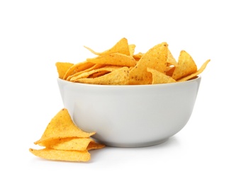 Ceramic bowl of Mexican nachos chips on white background