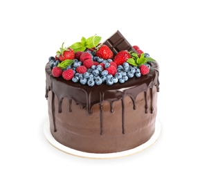 Photo of Delicious chocolate cake decorated with fresh berries on white background