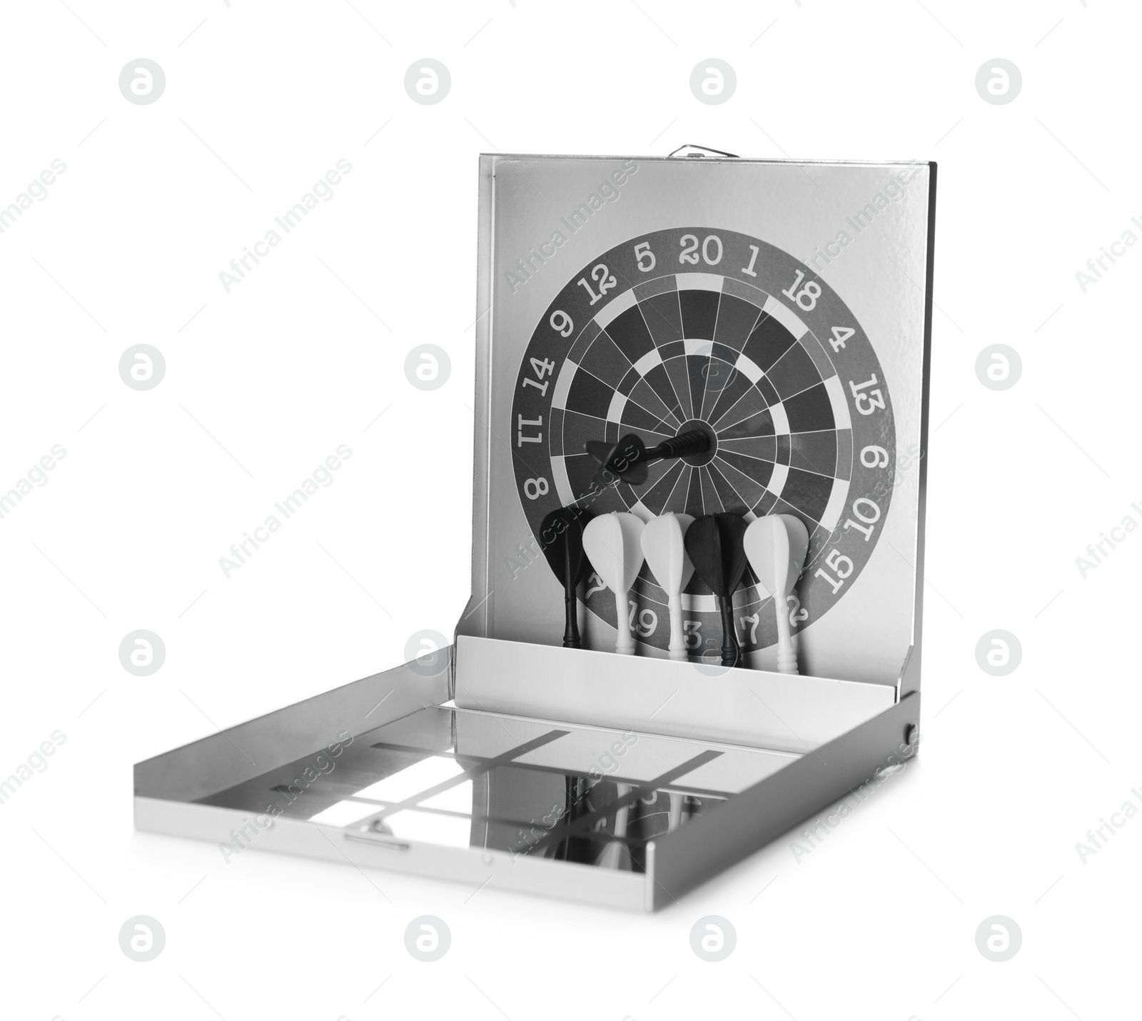 Photo of Darts set on white background. Board game