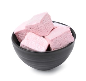 Photo of Bowl with tasty marshmallows on white background