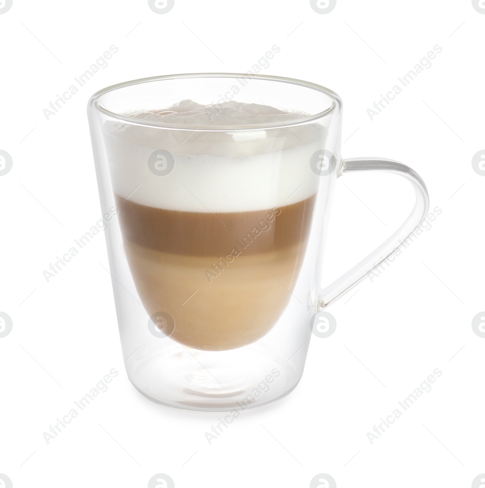 Photo of Glass cup of aromatic coffee with milk isolated on white