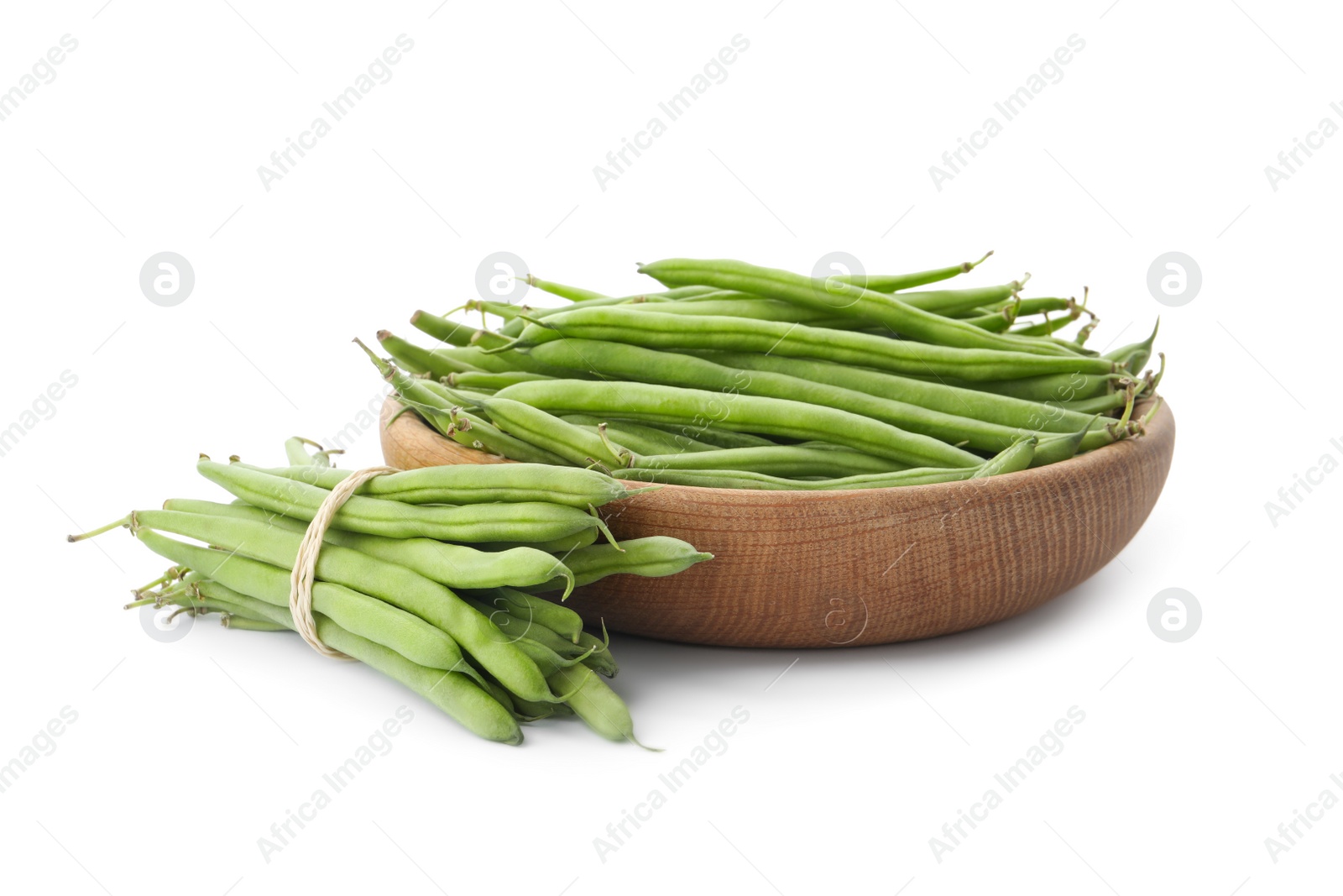 Photo of Delicious fresh green beans on white background