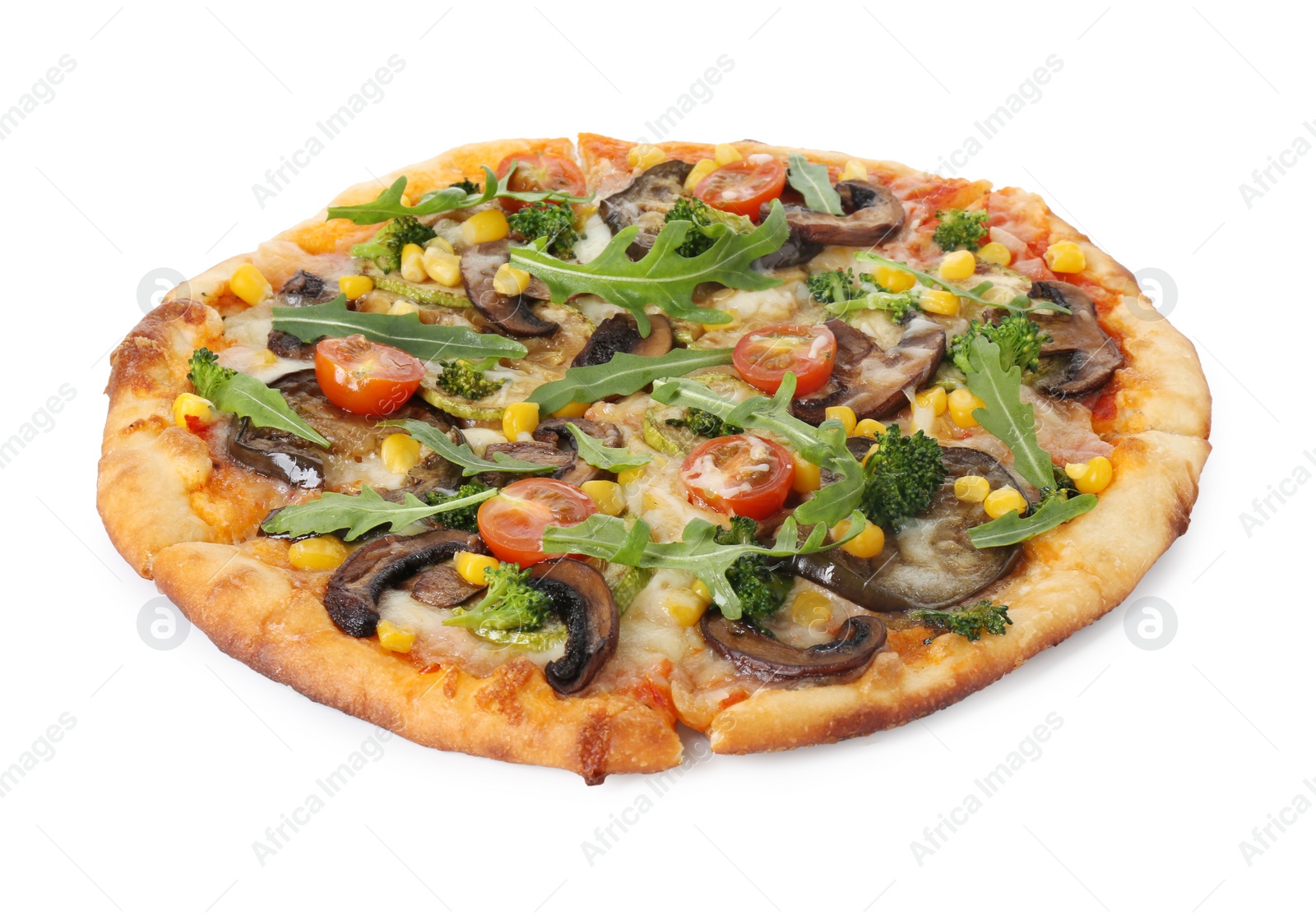 Photo of Delicious vegetarian pizza with mushrooms, vegetables and arugula isolated on white