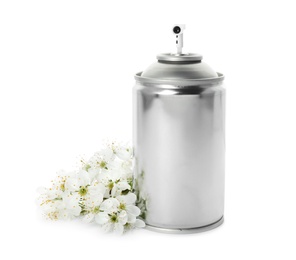 Photo of Aerosol air freshener and flowers on white background