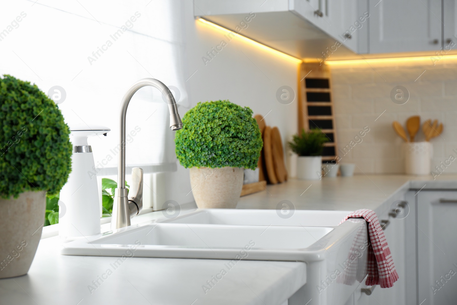 Photo of Modern double bowl sink near window in kitchen