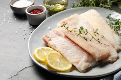 Plate with raw cod fish, microgreens, lemon and spices on grey textured table, closeup