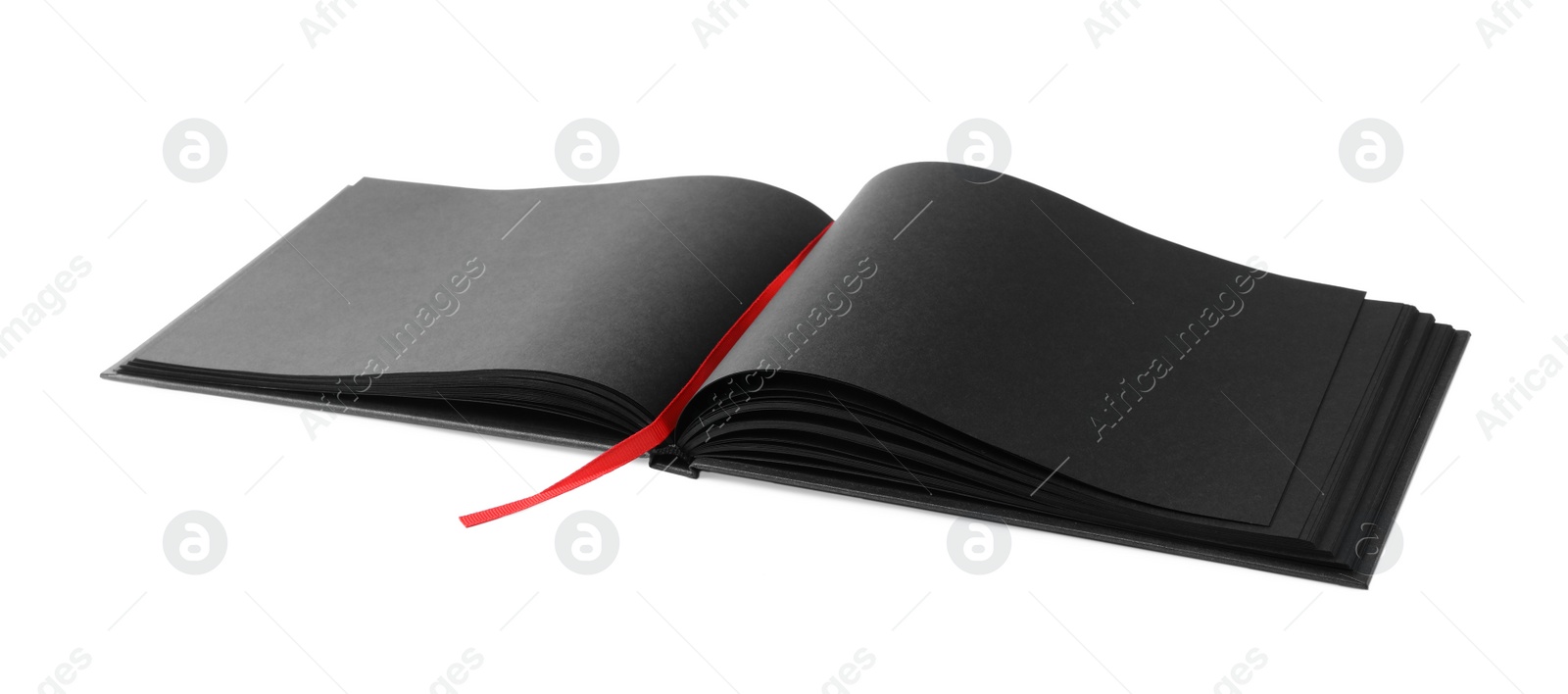 Photo of Black open notebook with blank sheets isolated on white