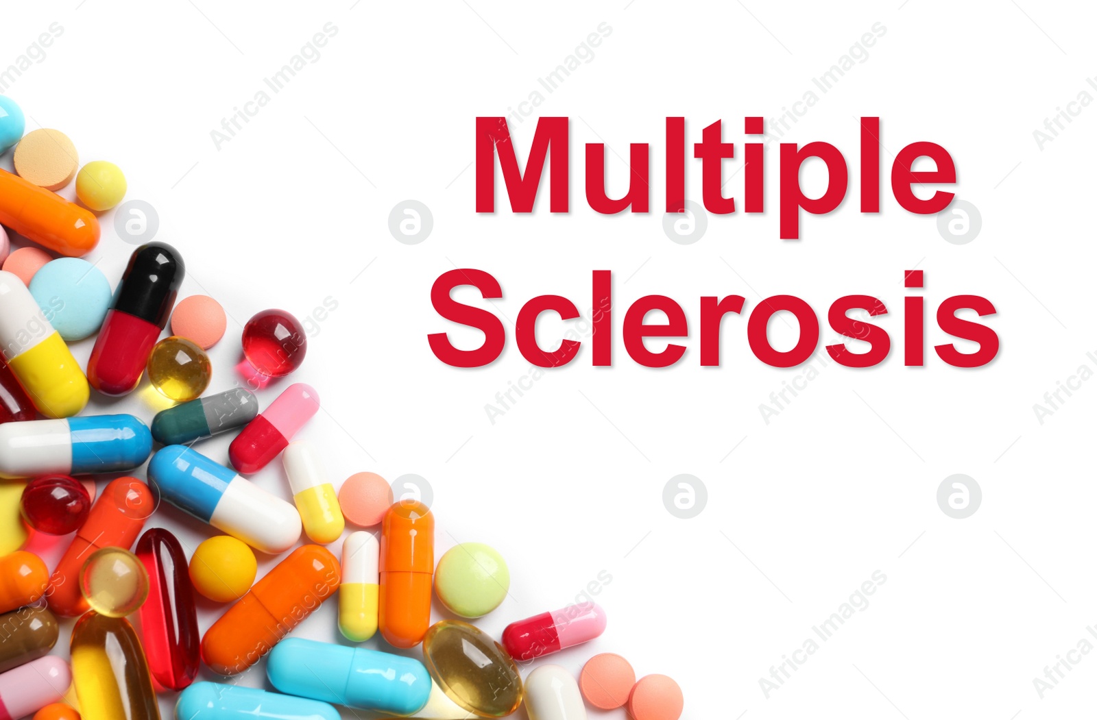 Image of Multiple sclerosis treatment. Many different pills on white background, top view