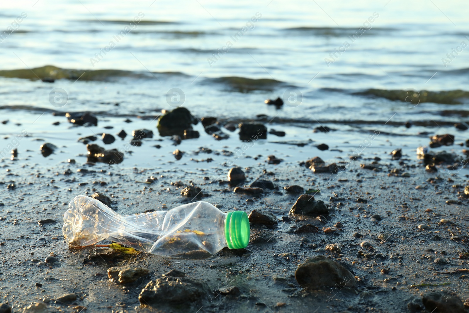 Photo of Used plastic bottle near water at beach, space for text. Environment pollution