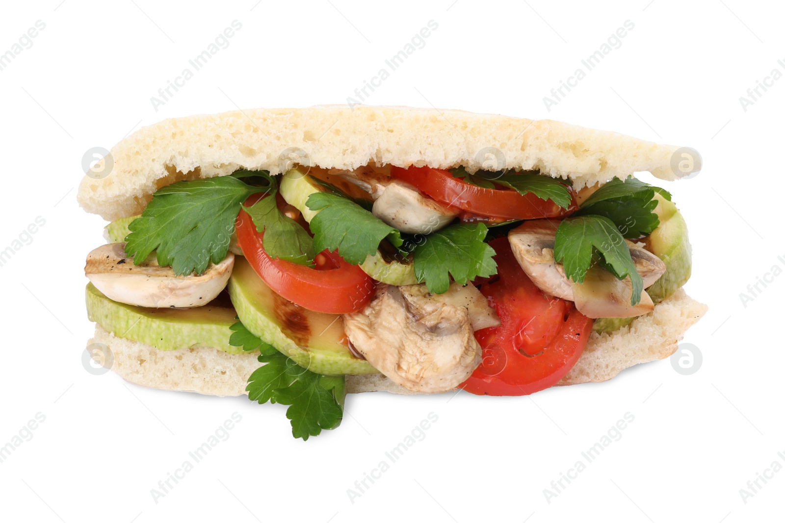 Photo of Delicious pita sandwich with grilled vegetables and parsley isolated on white