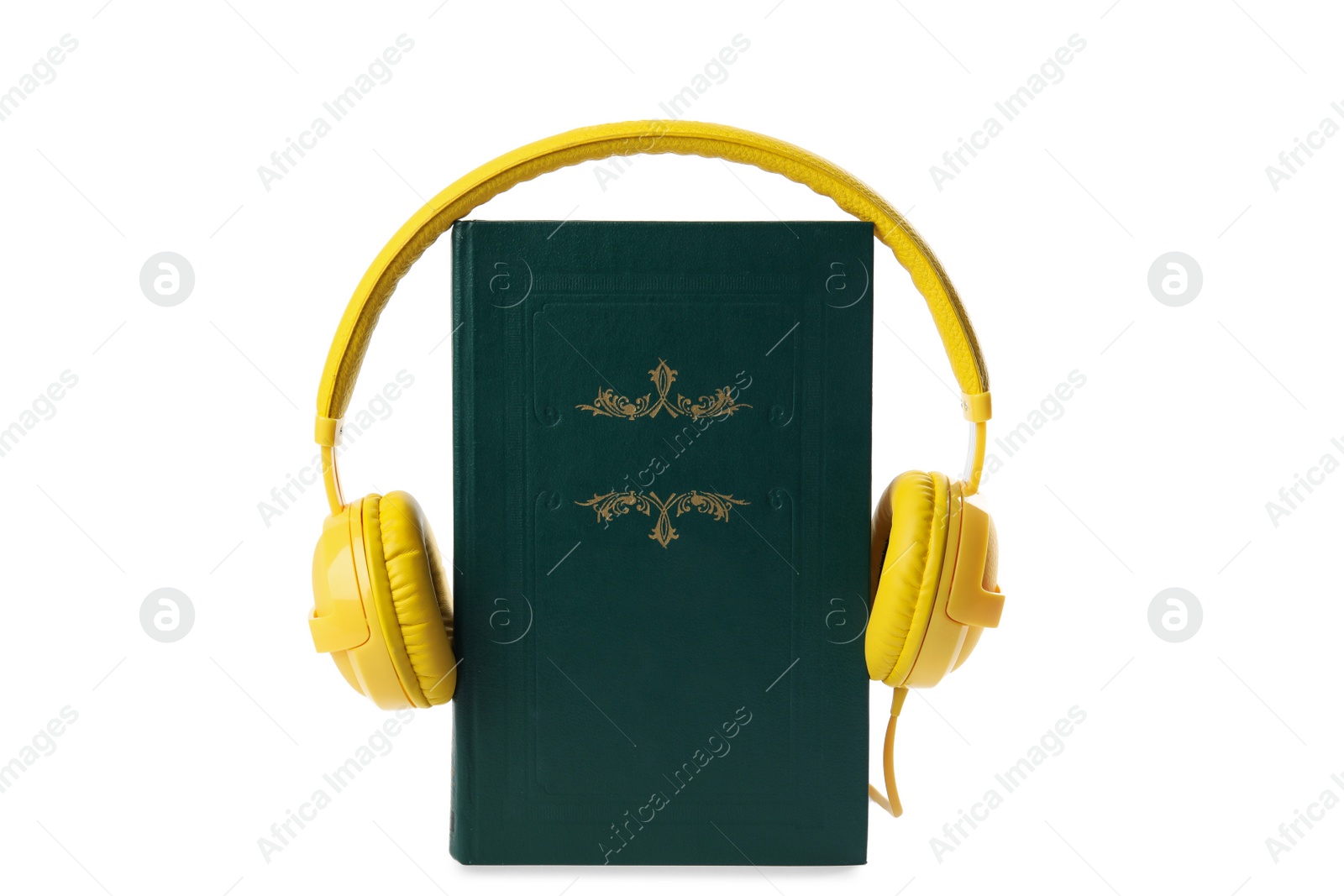 Photo of Book and modern headphones isolated on white