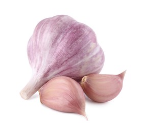 Photo of Fresh raw garlic head and cloves isolated on white