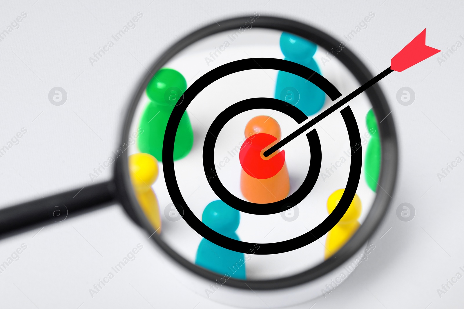 Image of Arrow aiming to pawn, view through magnifying glass with target. White background