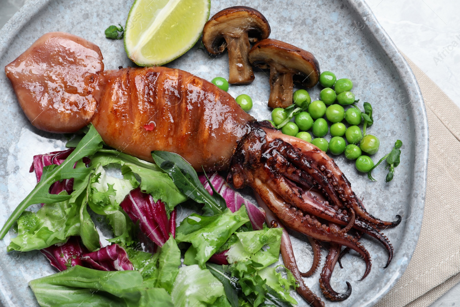 Photo of Tasty grilled squid served on white table, top view