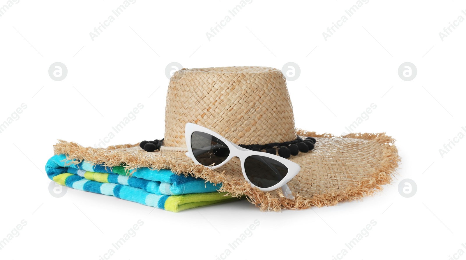 Photo of Set of different beach accessories isolated on white