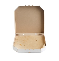 Photo of Open cardboard pizza box on white background