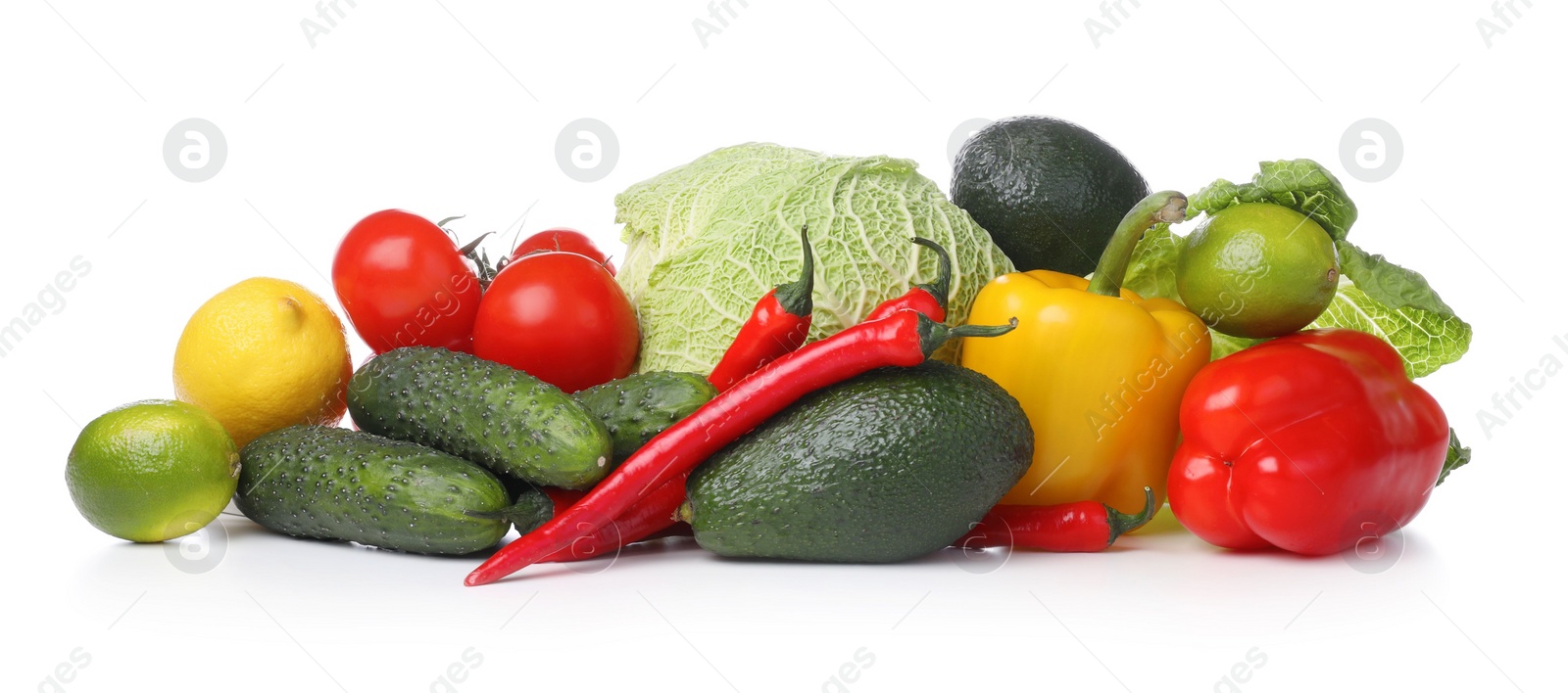 Photo of Heap of fresh ripe vegetables and fruits on white background