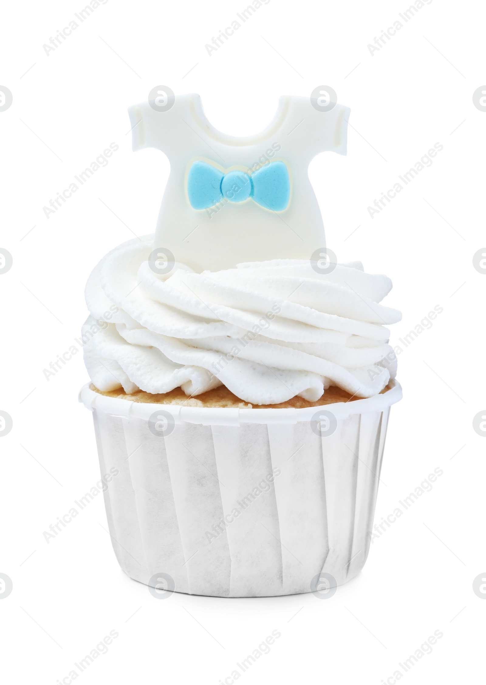 Photo of Beautifully decorated baby shower cupcake for boy with cream and topper on white background