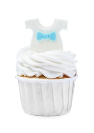 Beautifully decorated baby shower cupcake for boy with cream and topper on white background