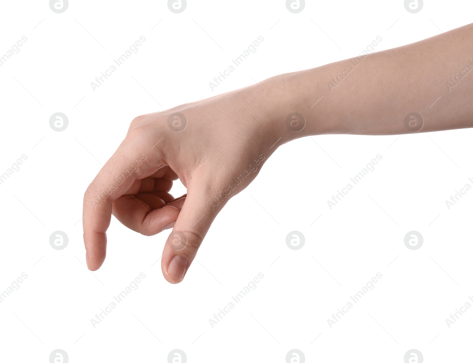 Photo of Woman holding something against white background, closeup