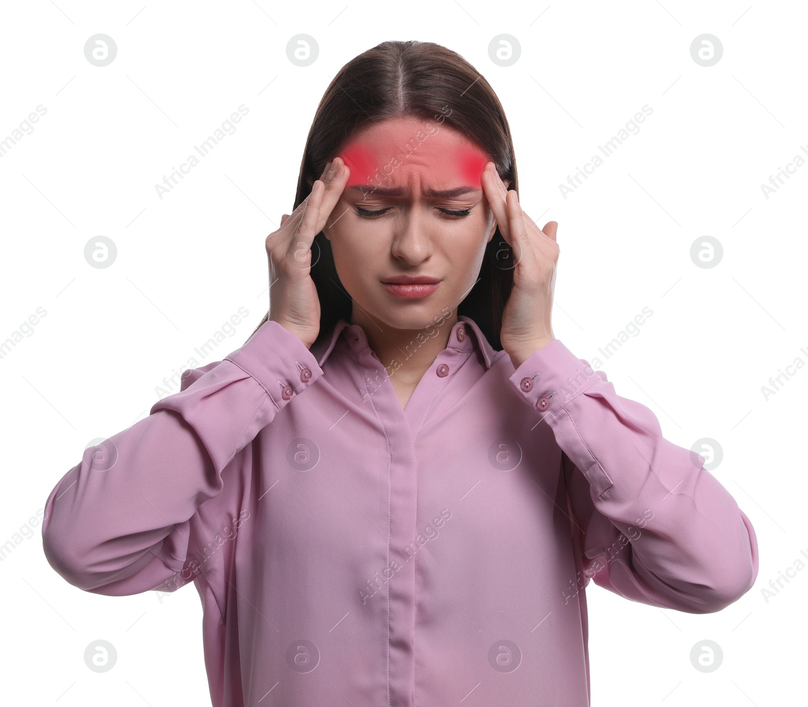 Image of Woman suffering from headache on white background. Cold symptoms