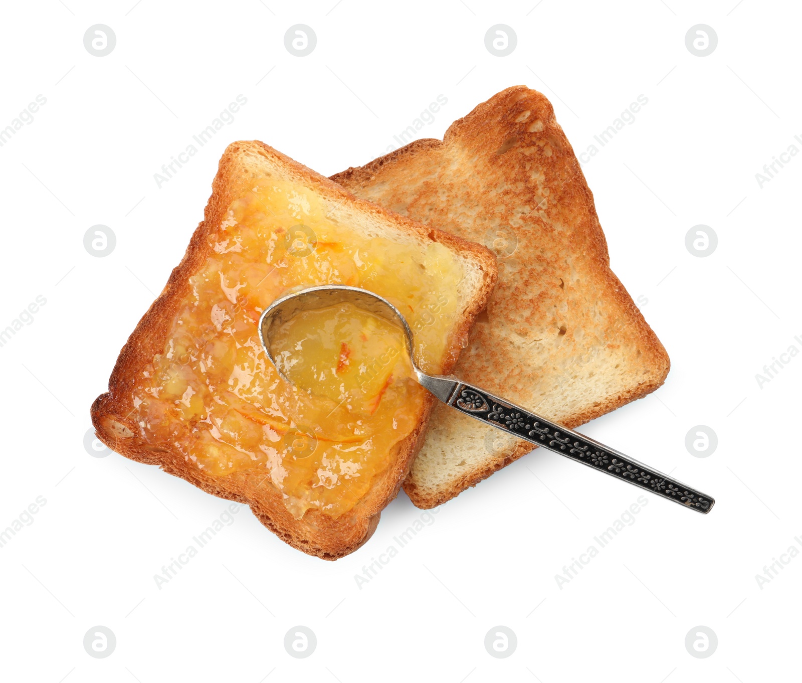 Photo of Delicious toasts and one with orange marmalade on white background, top view