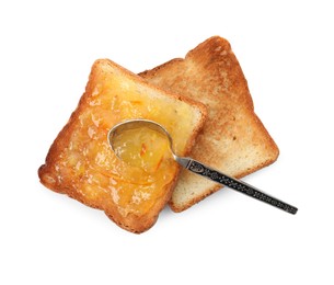 Photo of Delicious toasts and one with orange marmalade on white background, top view