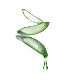 Image of Aloe vera leaf cross sections with juice in air on white background