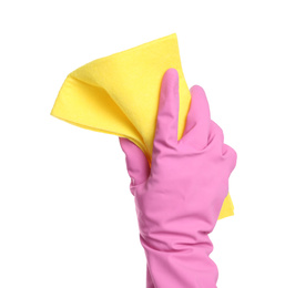 Photo of Person in rubber glove with rag on white background, closeup of hand