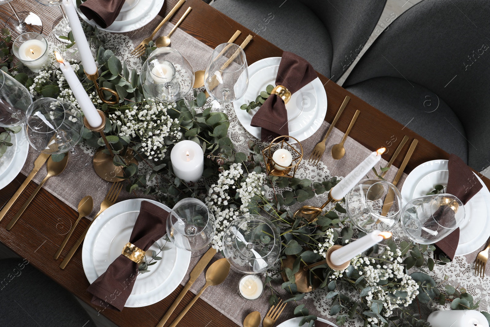 Photo of Stylish elegant table setting for festive dinner, flat lay