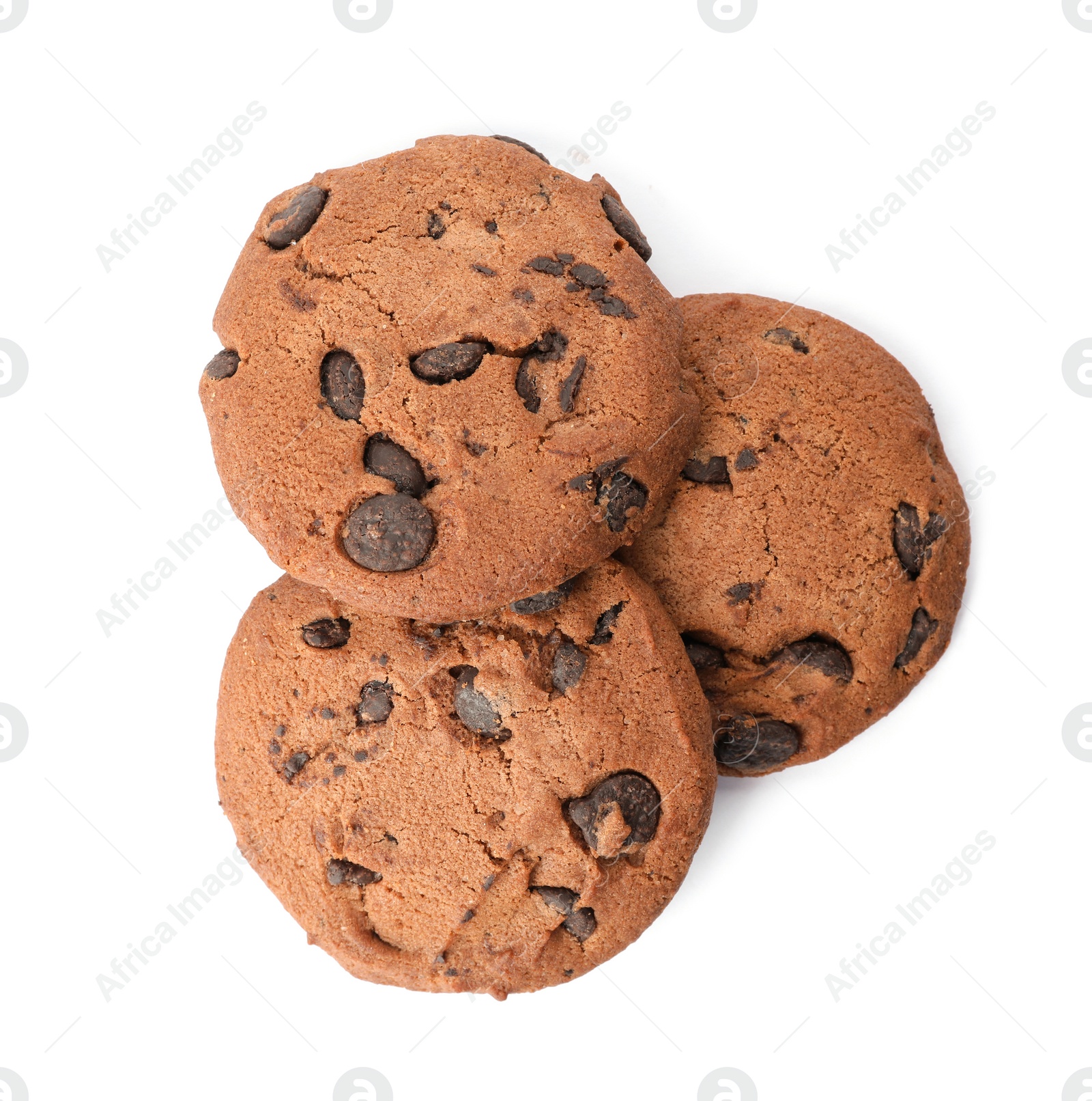 Photo of Tasty cookies with chocolate chips on white background, top view