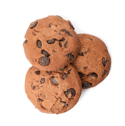 Tasty cookies with chocolate chips on white background, top view