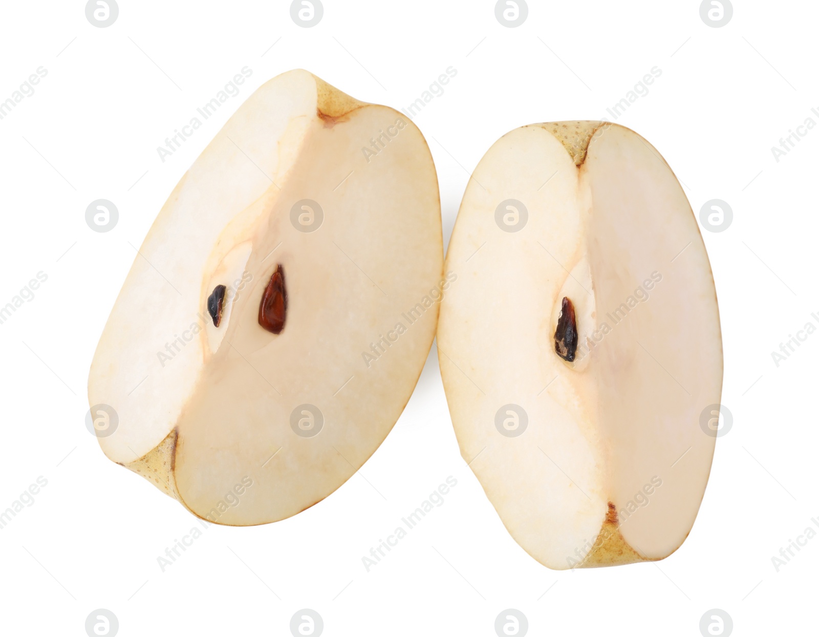 Photo of Slices of fresh apple pear isolated on white, top view
