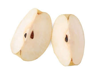 Photo of Slices of fresh apple pear isolated on white, top view