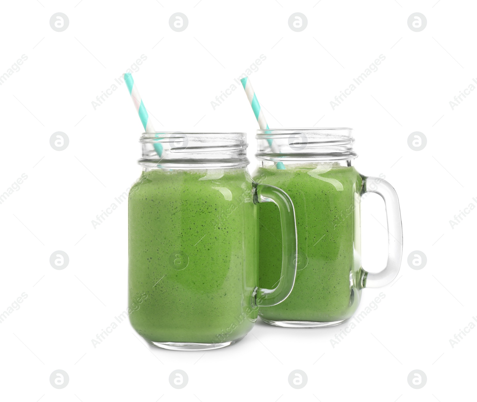 Photo of Tasty fresh kale smoothie on white background