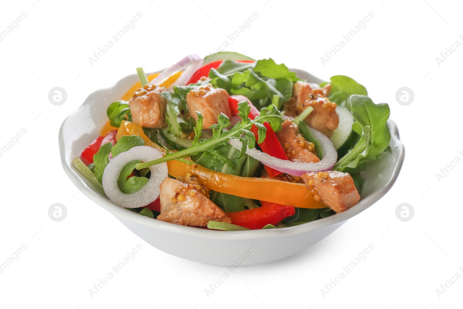 Photo of Delicious fresh chicken salad with vegetables and arugula isolated on white