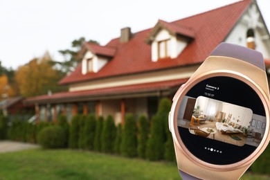 Home security system. Modern smartwatch with image of room through CCTV camera on display against house, collage design