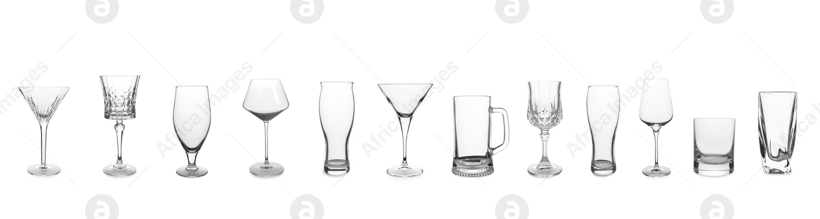 Image of Collage with different empty glasses on white background