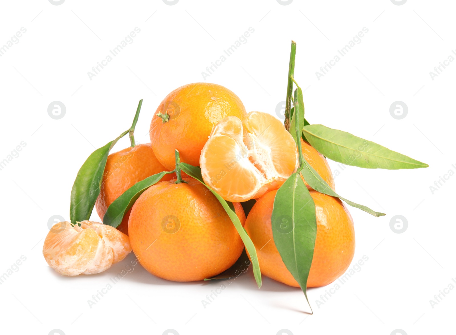 Photo of Tasty ripe tangerines with leaves on white background