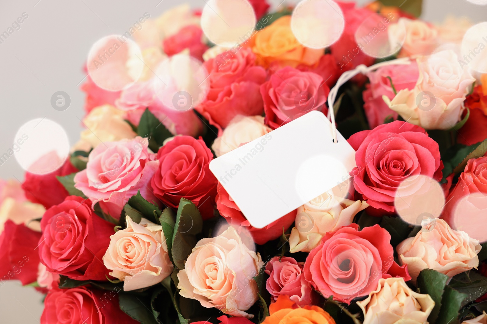 Photo of Bouquet of beautiful roses with blank card, closeup