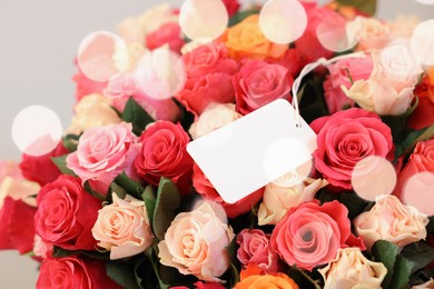 Bouquet of beautiful roses with blank card, closeup