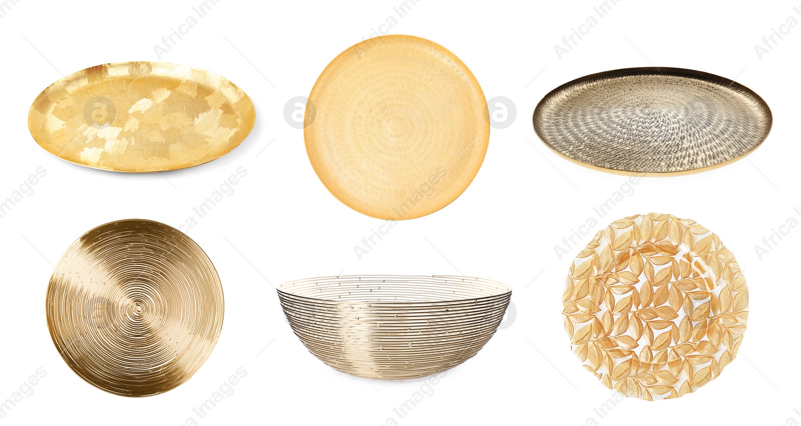 Image of Set of different dishware in gold color on white background