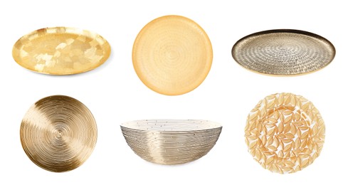 Image of Set of different dishware in gold color on white background