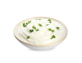 Fresh sour cream with onion on white background