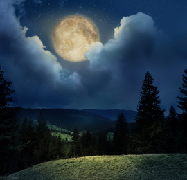 Image of Beautiful landscape with full moon in night sky
