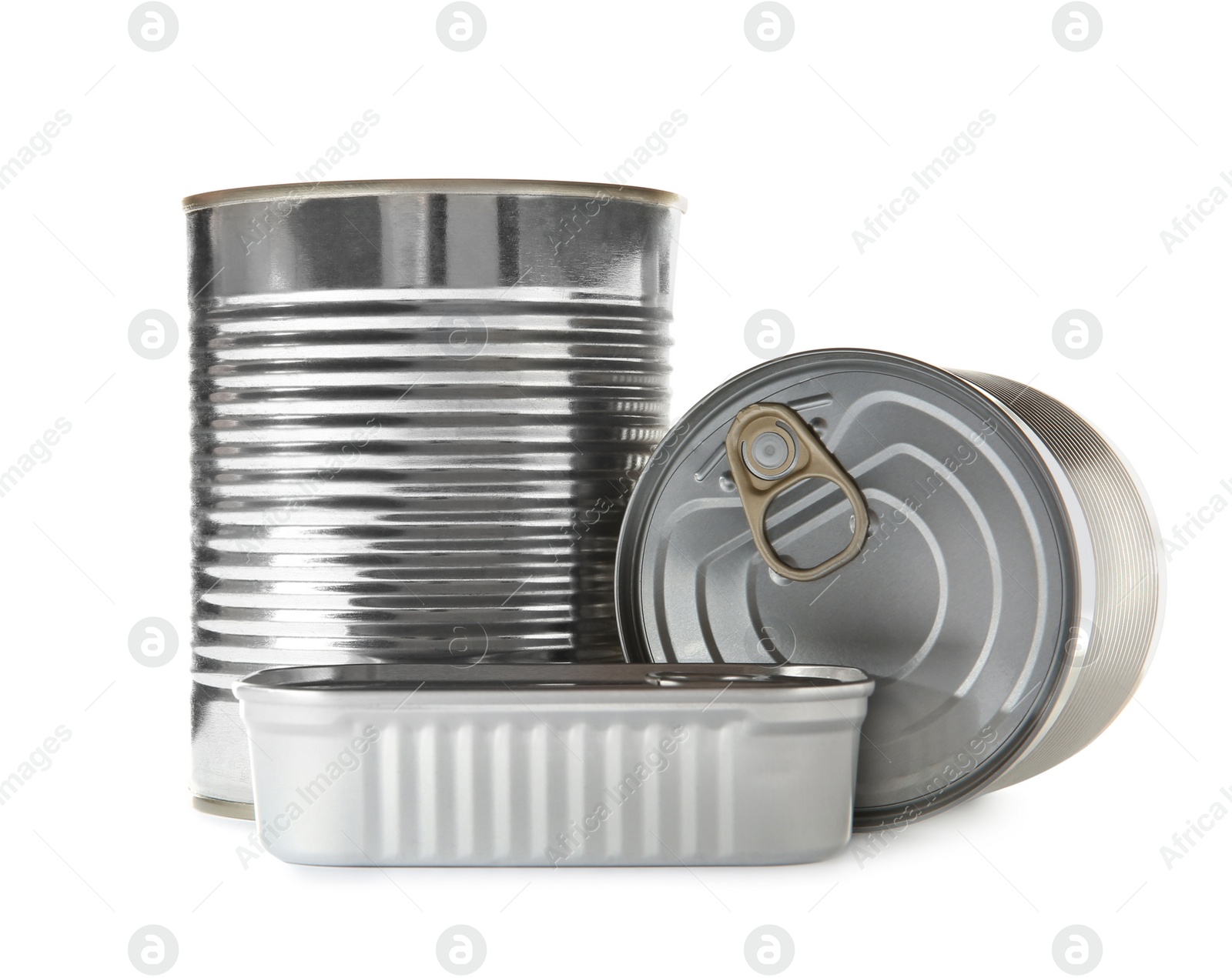 Photo of Group of tin cans isolated on white