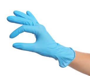 Photo of Doctor wearing medical gloves on white background, closeup