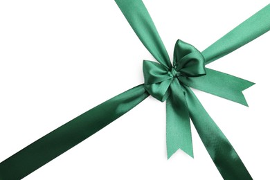 Green satin ribbon with bow isolated on white, top view