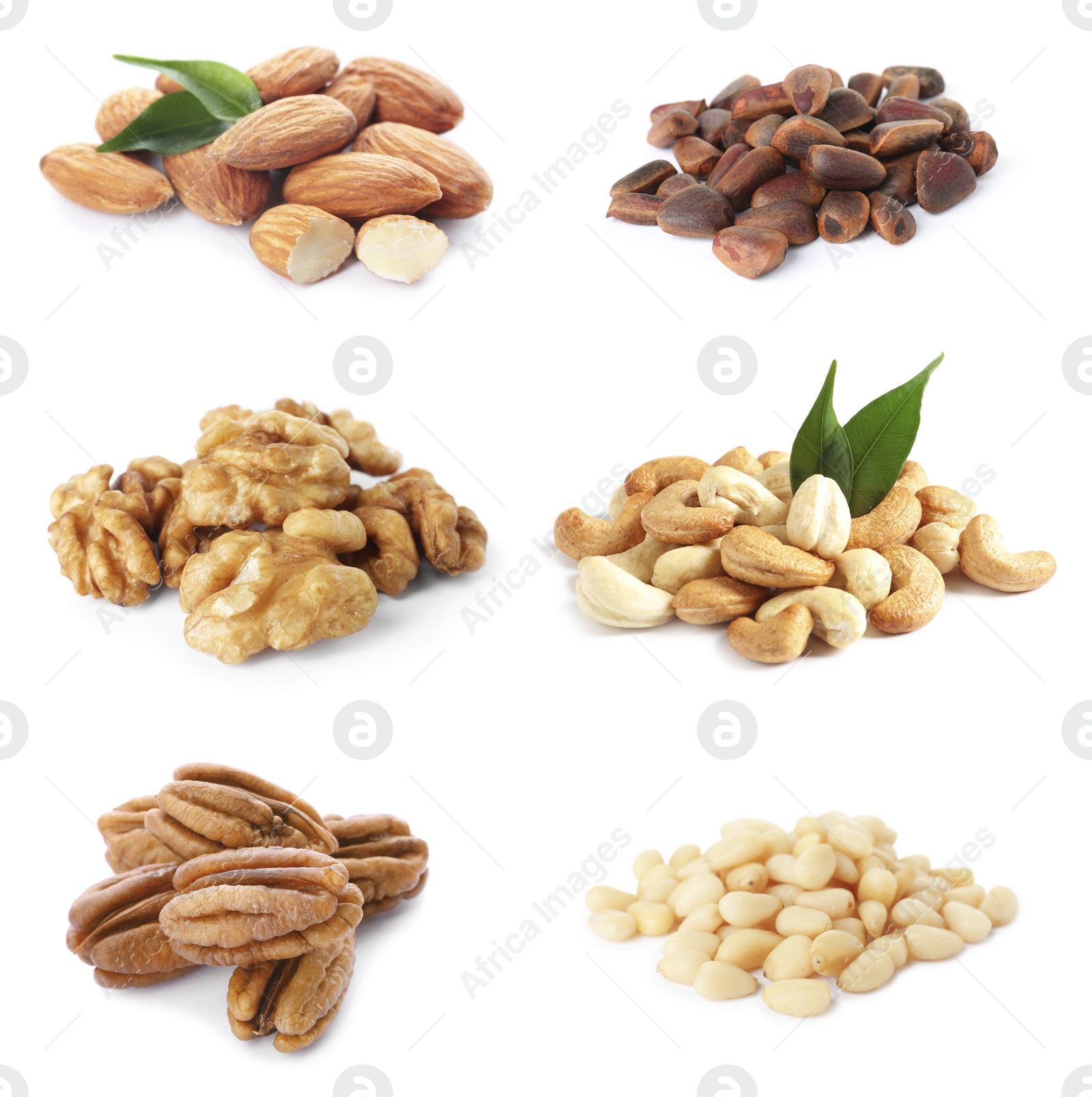 Image of Set of different nuts on white background