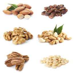 Image of Set of different nuts on white background